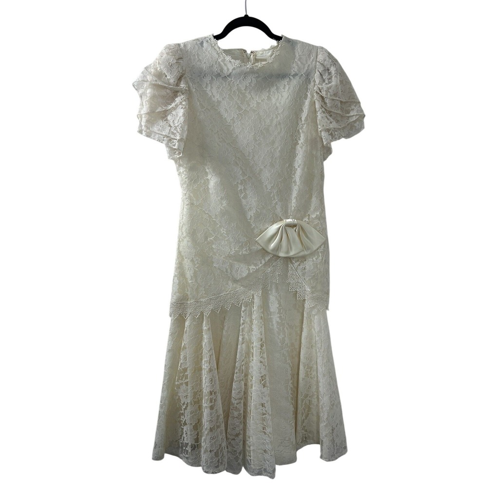 Vintage 80s Ivory Lace Drop Waist Midi Dress Short Flutter Sleeve Bow Size 7/8